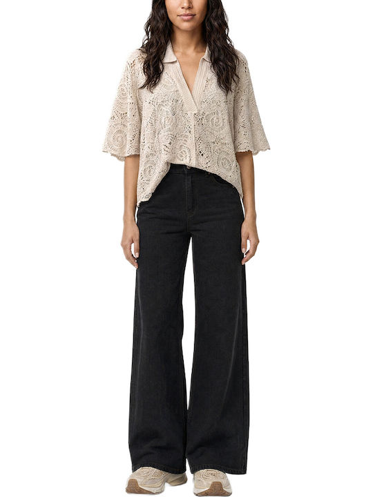 Women's Polo Blouse Short Sleeve Beige