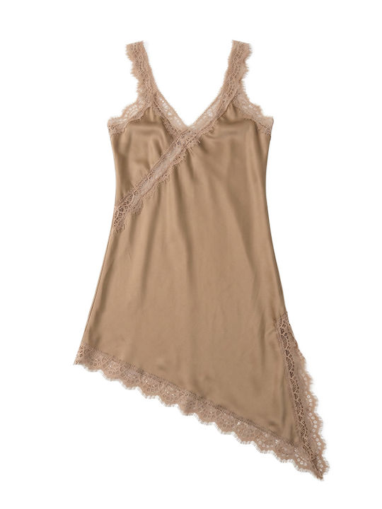 Women's Satin Lingerie Top with Lace Beige