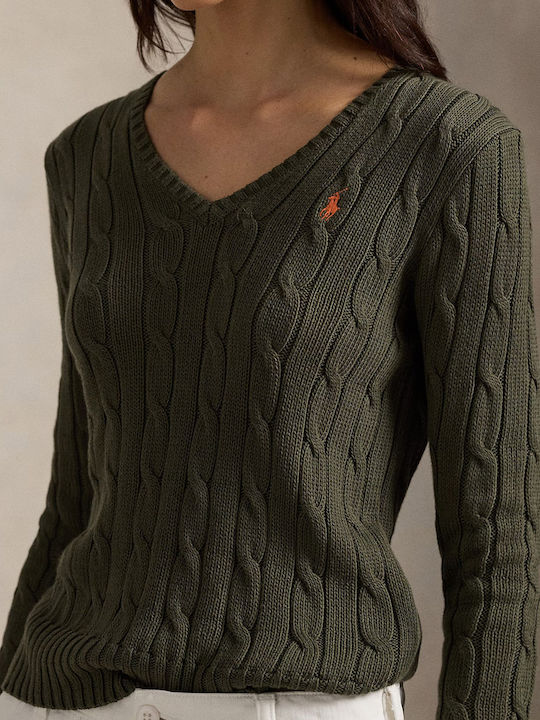 Women's Long Sleeve Cotton Sweater with V Neckline Green/Khaki