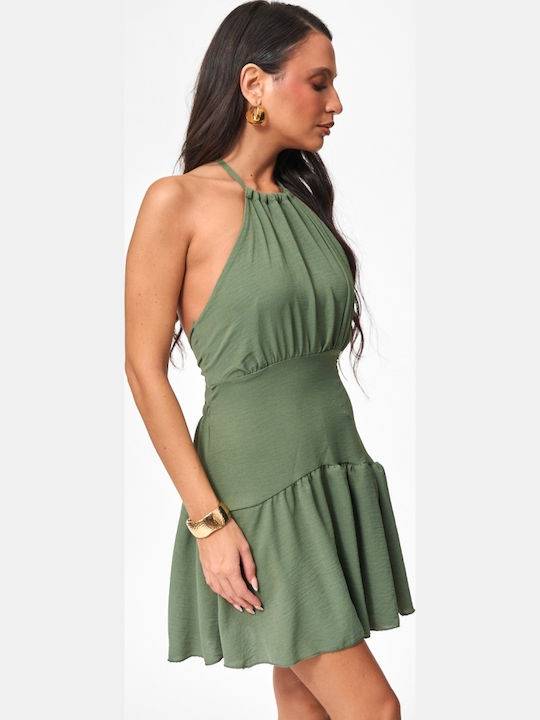 Summer Mini Dress with Ruffles Khaki