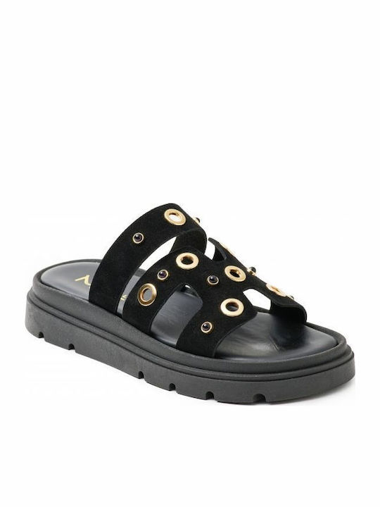 Δερμάτινα Γυναικεία Ανατομικά Σανδάλια Flatforms Μαύρα