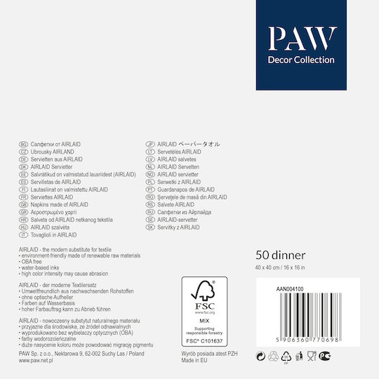 Paw Professional Dinner Subtile Gitter Silber Serviette 1-lagig 40x40cm Viertelfalten 50 Stück pro Verpackung Hergestellt aus Airlaid