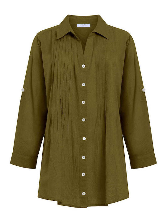 Celestino Women's Shirt Cotton Pleats Loose Fit Khaki