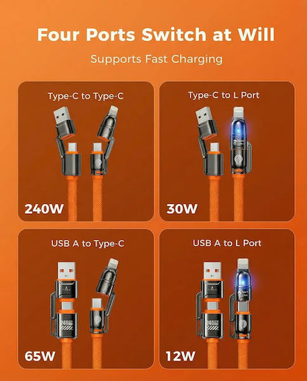 Hyperloq Mehrere Anschlusskabel USB zu Blitzschlag / Typ-C Kabel Grau 1,2m