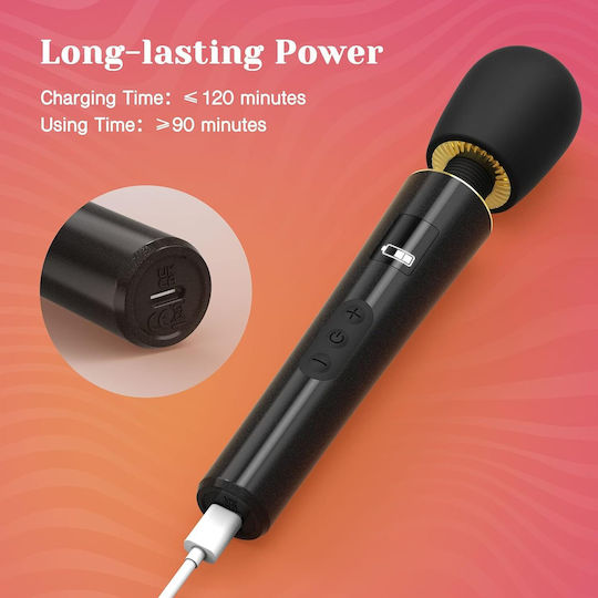 Smd Black Magic Wand Vibrator Aσύρματος Κλειτοριδικός Δονητής 9 Vibration Modes & 5 Speeds Lcd Display 26 Cm Black