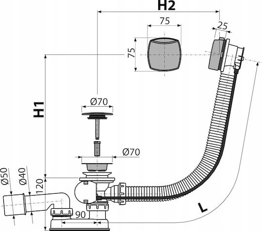 Alcadrain Rostfreier Stahl Siphon Flexibel mit Überlauf und Ausgang 52 mm Grau