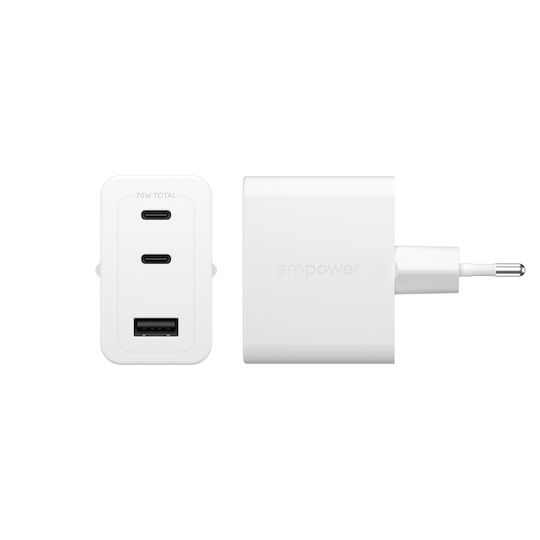 Empower by PanzerGlass Charger Without Cable with USB-A Port and 2 USB-C Ports 70W Power Delivery Whites (Empower)