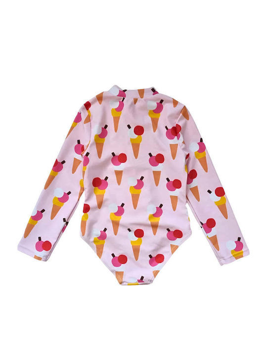 Toby Tiger Kids One-Piece Swimwear With Long Sleeve Pink