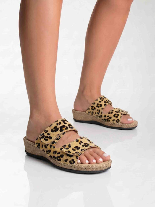 Leder Flache Damen Sandalen Braun 52-Leopard-Vachetta