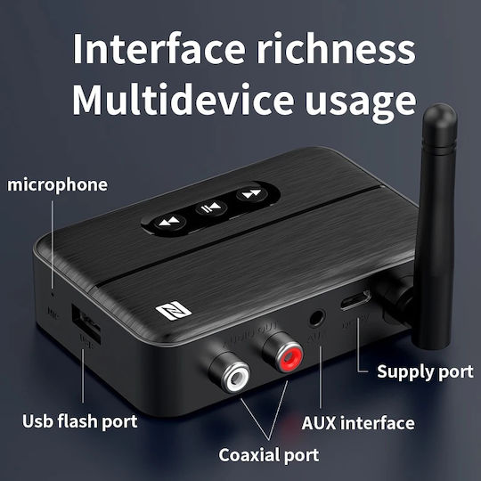 Receptor Audio Bluetooth 5.4 Rx Adaptor Techstar M60 Împerechere Nfc Aux + Rca Redare Usb Tip-c Stick Usb Microfon Integrat Hifi 10m