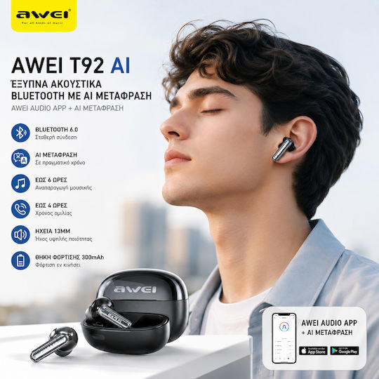 Awei T92 ANC Pro In-ear Bluetooth Handsfree Ακουστικά με Θήκη Φόρτισης Μαύρα