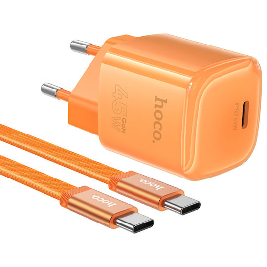 Hoco GaN Charger with USB-C Port and USB-C - USB-C Cable 45W Power Delivery Orange (DC148)