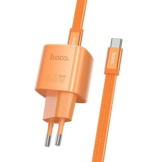 Hoco GaN Charger with USB-C Port and USB-C - USB-C Cable 45W Power Delivery Orange (DC148)