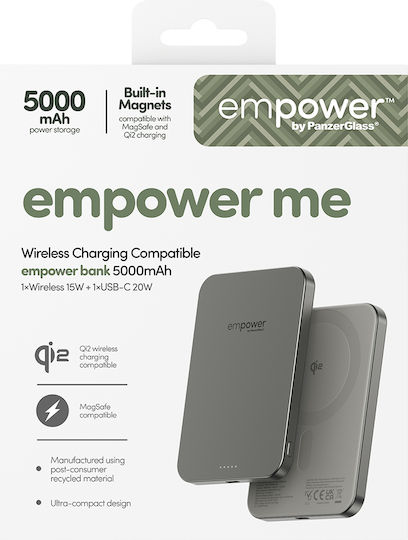 PanzerGlass Empower MagSafe Qi2 5000mAh 20W с USB-C изходен порт Power Delivery / Бързо зареждане Титанов Външна батерия