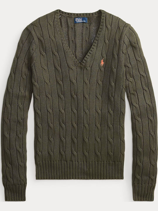 Women's Long Sleeve Cotton Sweater with V Neckline Green/Khaki