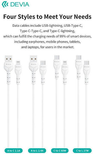 Devia USB-C to Lightning Cable 27W Λευκό 1m