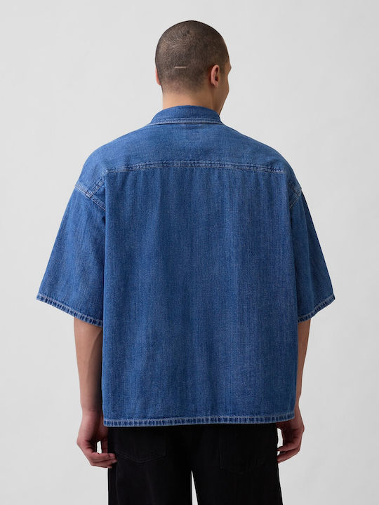 Short Sleeve Denim Shirt in Wide Fit Medium Indigo