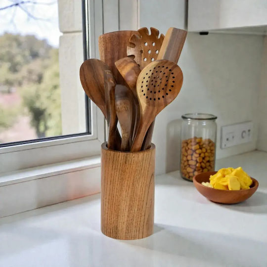 Set of Wooden Serving Utensils With Stand 9 Pieces