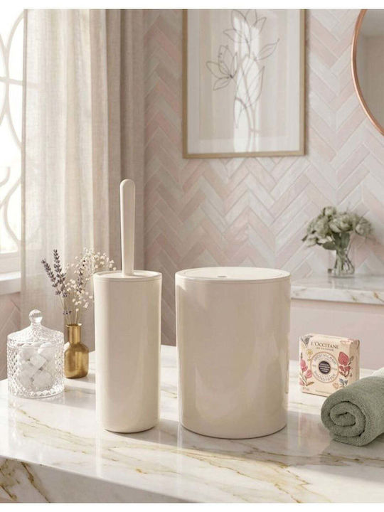 SteweHome Plastic Bathroom Brush and Bin Set Beige