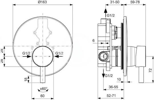 Ideal Standard Ceraline Μίκτης Μπαταρίας Εντοιχισμού για Ντουζιέρα 1 Εξόδου Μαύρος