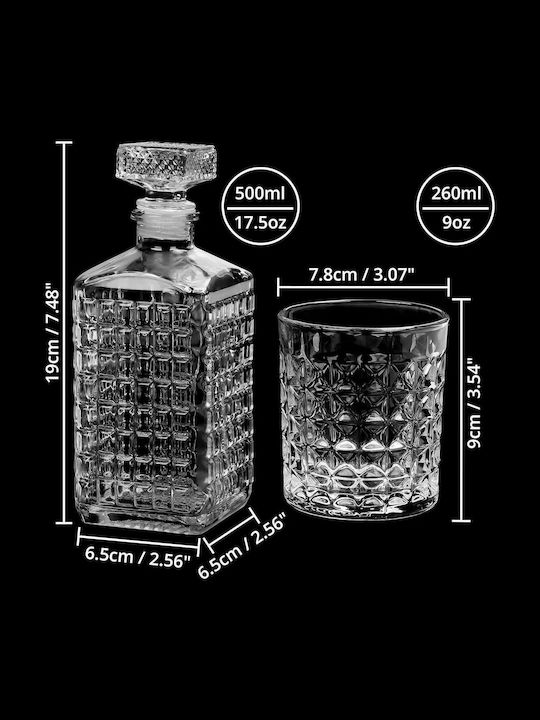 Belle Vous Carafă de Servire din Sticlă pentru Whiskey 19cm cu Dop și Pahare Transparentă 500ml 5 Bucăți