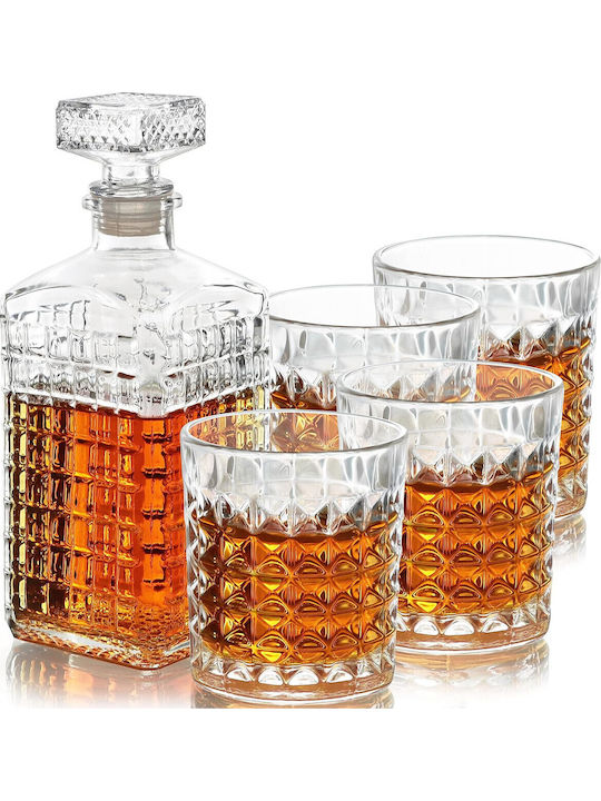 Belle Vous Carafă de Servire din Sticlă pentru Whiskey 19cm cu Dop și Pahare Transparentă 500ml 5 Bucăți