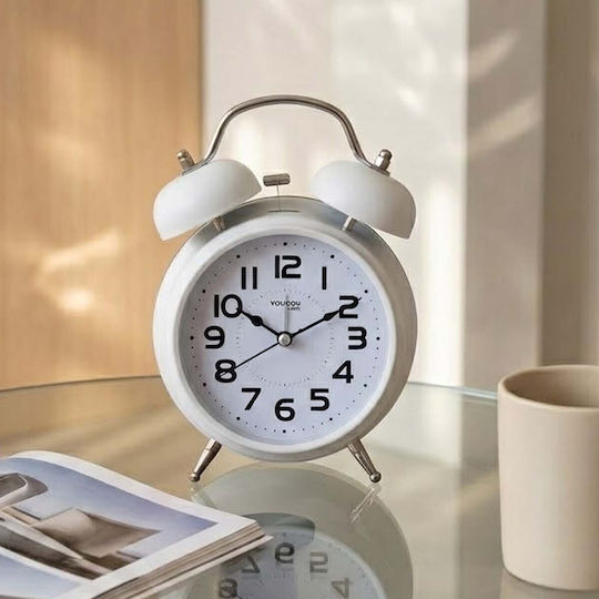 Avizar Analog Table Clock Bedroom Double Bell Elegant White