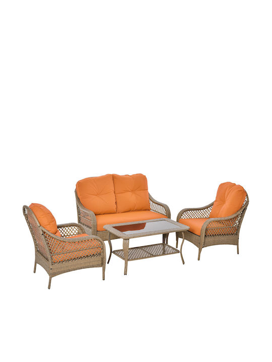 Set Cameră De Zi Pentru Exterior 4 Piese Kaki / Portocaliu Cu Perne