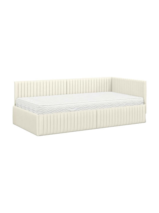 Canapea Pat Single Tapițat Cu Catifea Crem Cu Plăci Și Saltea 90x200cm