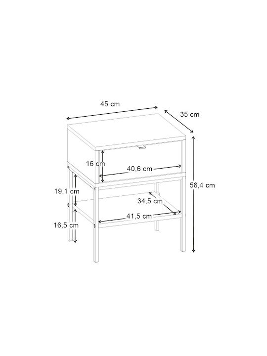 Bedside Table Melis Wooden with Metal Legs Black 45x35x56.4cm