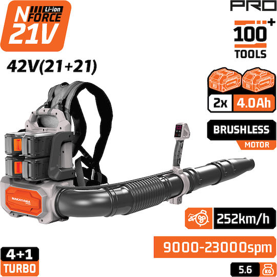 Nakayama Backpack Leaf Blower 42V with 2 Batteries 4Ah & Maximum Air Speed 252km/h