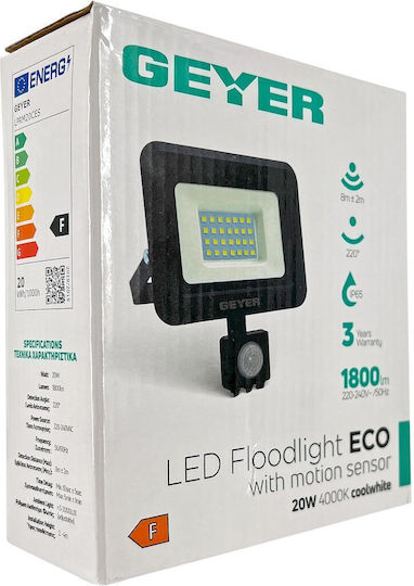 Geyer Στεγανός Προβολέας LED 20W Φυσικό Λευκό 4000K με Αισθητήρα Κίνησης IP65