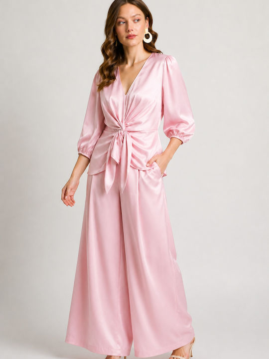 Women's Satin Crop Top with 3/4 Sleeve & V-Neckline Pink