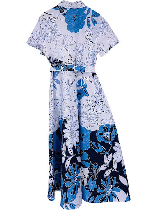 Summer Midi Shirt Dress Short Sleeve White/Blue
