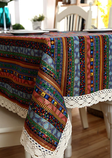 FRIPIA Linen Tablecloth With Multicolour Lace 140x250cm
