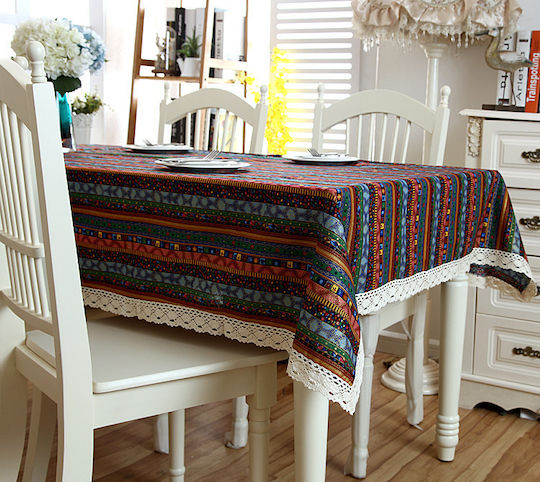 FRIPIA Linen Tablecloth With Multicolour Lace 140x250cm