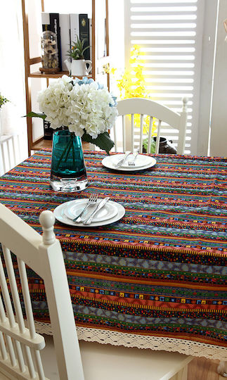 FRIPIA Linen Tablecloth With Multicolour Lace 140x250cm