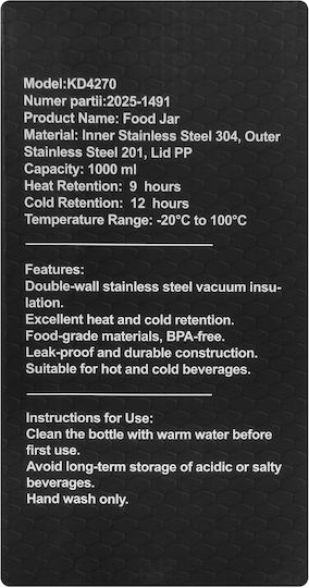 Kraft & Dele Pahar Termos Oțel Inoxidabil BPA Free 1l Kd4270 cu Mâner