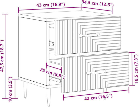 Wooden Bedside Table with Metal Legs White 43x34.5x47.5cm