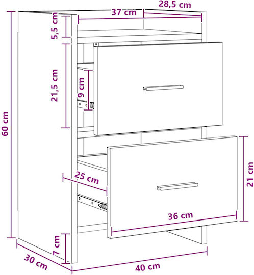 Wooden Bedside Table with Metal Legs Beige 40x30x60cm