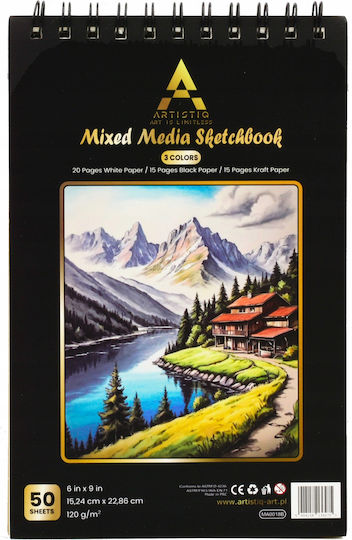 Artistiq A5 Spiral Skizzenbuch 50 Blätter 3 Bunte Zeichenpapiere 120g/m2