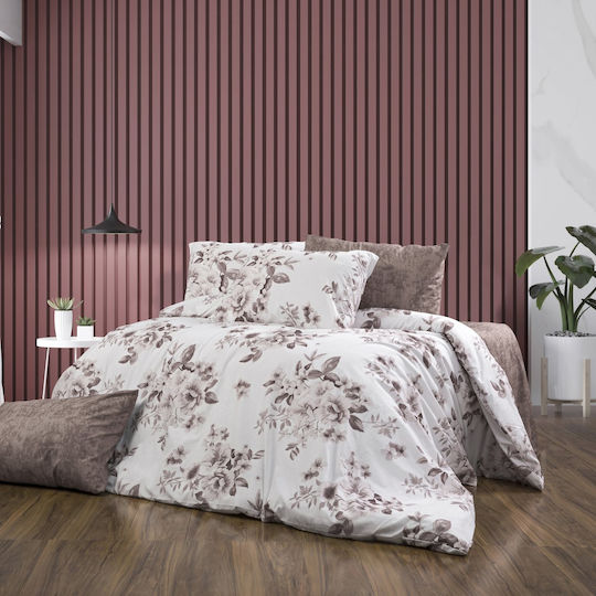 Dimcol Veroniki Double Bed Sheets Set 240x270cm White-Mocha 4 Pieces