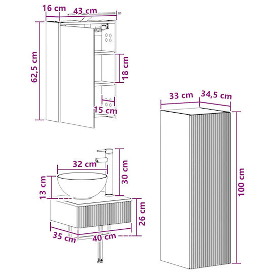 vidaXL Плот със Смесител Огледало и Стълбче със Светлина М43xД16xВ62.5cm Бял