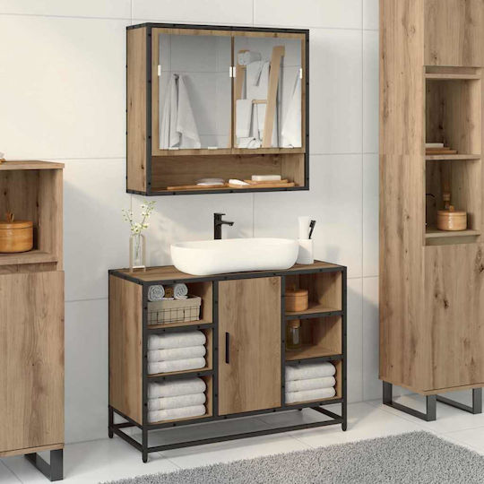 vidaXL Blat Blat fără Lavoar, cu Oglindă & Coloană L80xW60xH33cm Artisan Oak