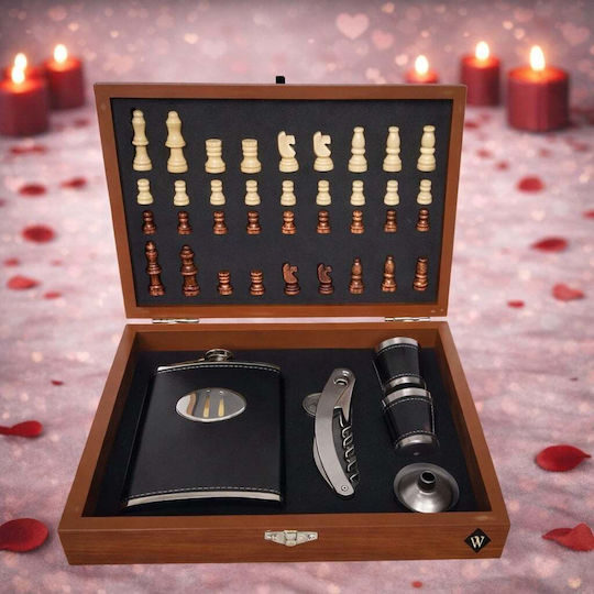 Men's Gift Set Vlv Box Chess Pieces Corkscrew Flask Glasses Covered in Eco Leather Black