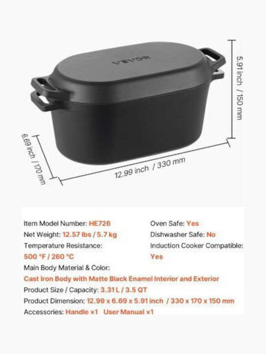 Vevor Oval Cast Iron Dutch Oven 3.3lt