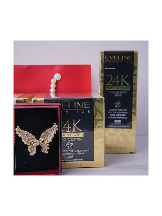 Set Cadou Tenderness Brosa Martisor Fluture Cremă De Zi Anti-îmbătrânire Cu Caviar De Melc 50 Ml Ser Facial Cu Caviar De Melc Eveline Prestige În Husă Elegantă Stil Geantă Roșu Aurie