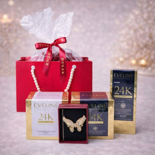 Tenderness Gift Set Butterfly Martisor Brooch Eveline Prestige Snail Caviar Anti-aging Day Cream 50 Ml Eveline Prestige Snail Caviar Face Serum In Elegant Handbag-style Pouch Red Gold