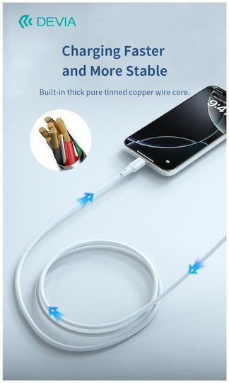 Devia USB 2.0 Кабел USB-C Мъжки - USB-A Бял 1м 0043319