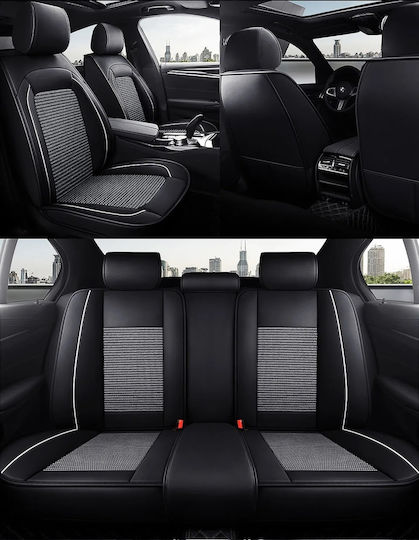 Set De Huse Scaune Auto Universal Din Țesătură Eco Piele Față Spate Negru Dungă Albă